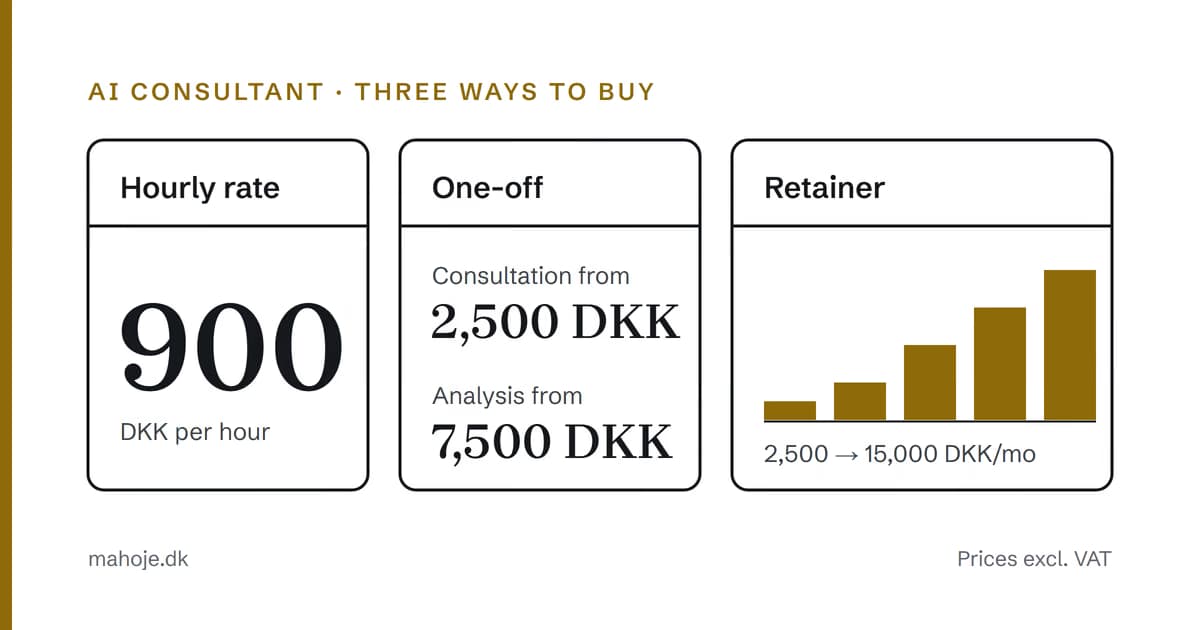 Three ways to buy an AI consultant: an hourly rate of 900 DKK, a one-off purchase with a consultation from 2,500 DKK and an analysis from 7,500 DKK, and a retainer from 2,500 to 15,000 DKK a month.