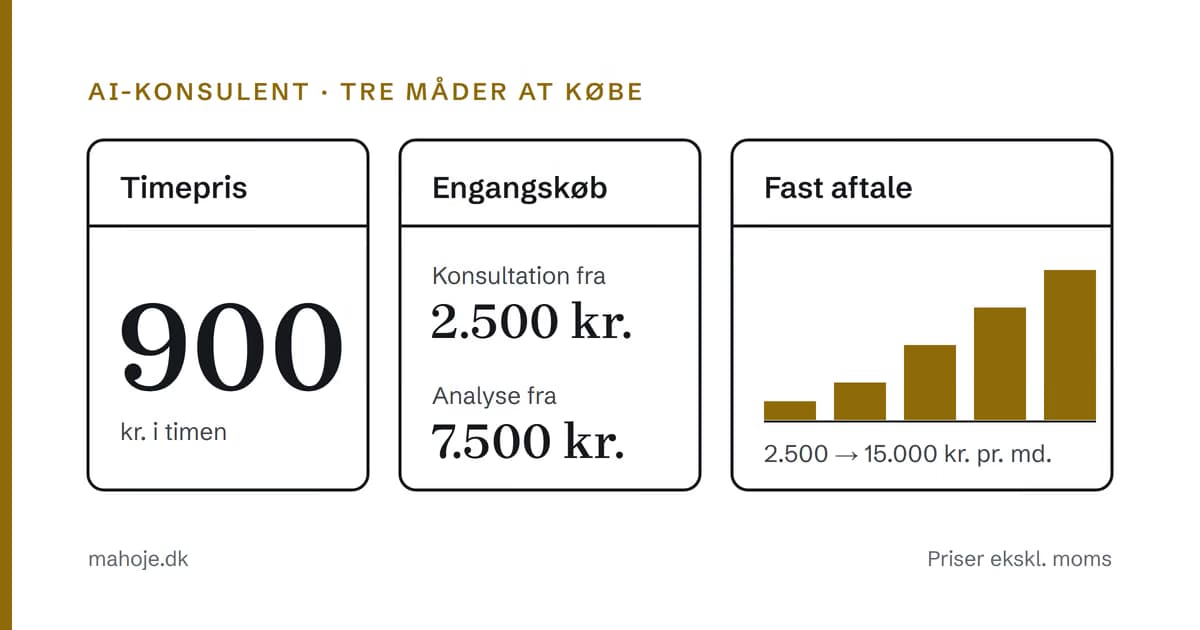 Tre måder at købe en AI-konsulent på: timepris 900 kr. i timen, engangskøb med konsultation fra 2.500 kr. og analyse fra 7.500 kr. og fast aftale fra 2.500 til 15.000 kr. om måneden.