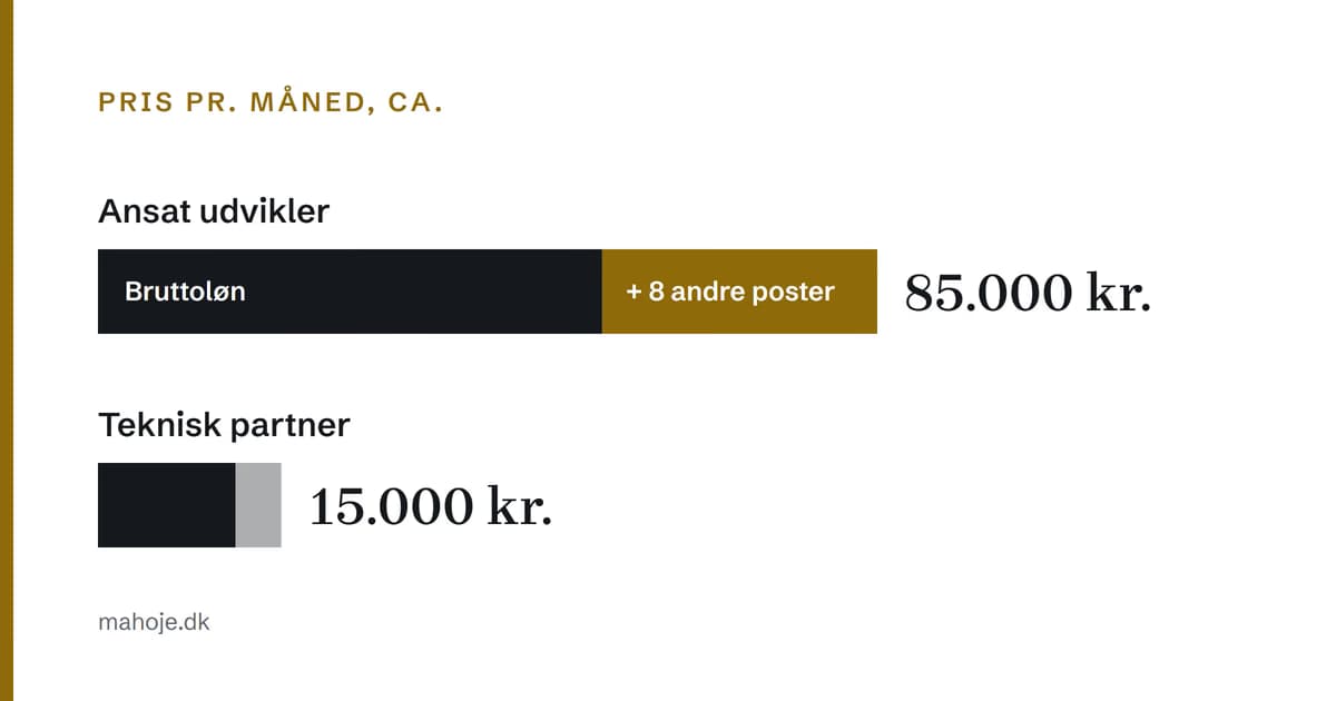 Pris pr. måned: en ansat udvikler koster ca. 85.000 kr. med bruttoløn og otte andre poster, mens en teknisk partner koster 15.000 kr.