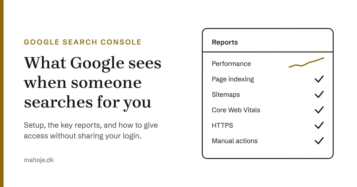 A panel of Search Console reports: a rising line next to Performance, and ticks next to Page indexing, Sitemaps, Core Web Vitals, HTTPS and Manual actions.