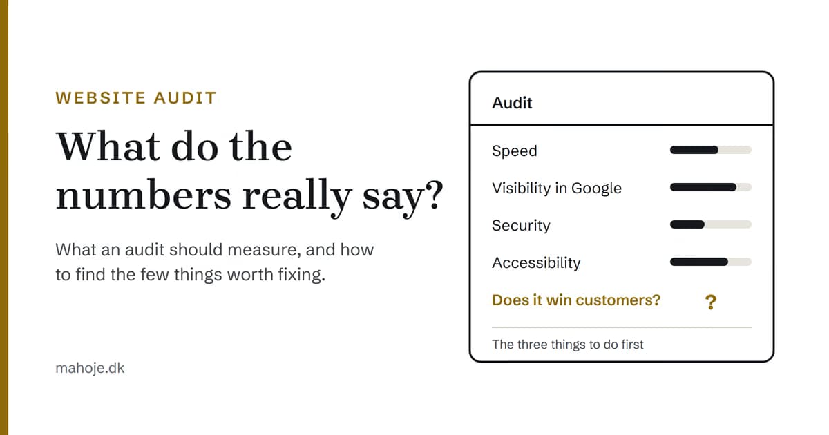 A website audit panel with bars for speed, visibility in Google, security and accessibility, and a question mark next to the question: does the site win customers?