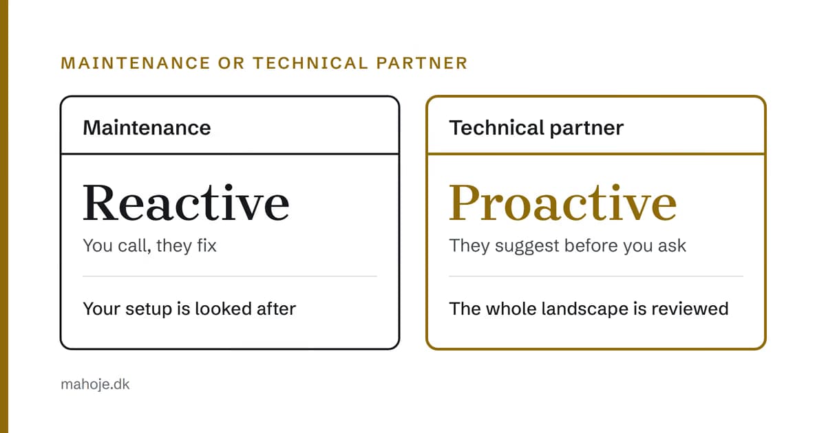 Comparison of maintenance and a technical partner: maintenance is reactive — you call, they fix — while a technical partner is proactive and suggests things before you ask.