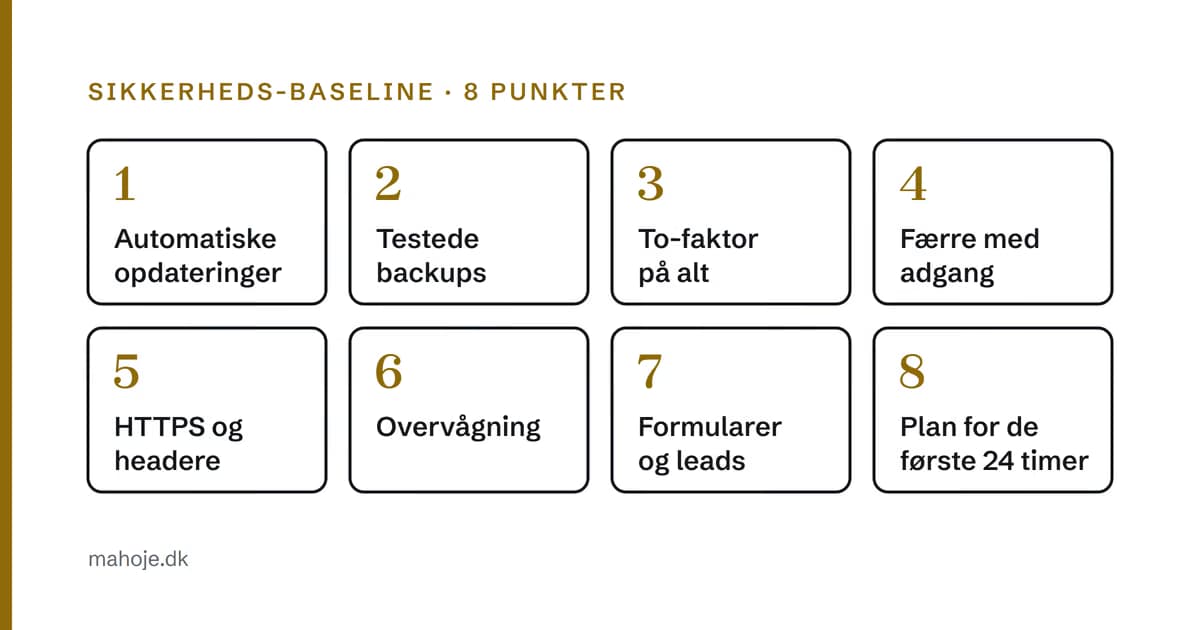 De otte punkter i sikkerheds-baselinen: automatiske opdateringer, testede backups, to-faktor på alt, færre med adgang, HTTPS og headere, overvågning, formularer og leads og en plan for de første 24 timer.