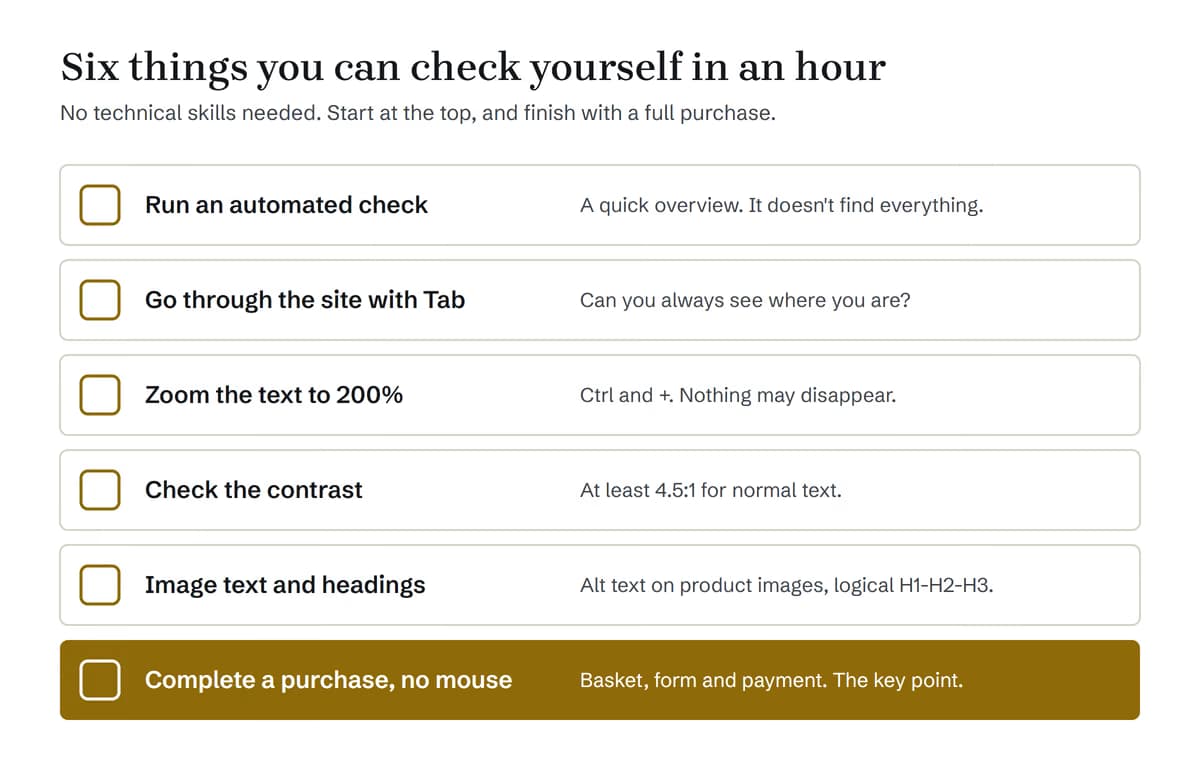 Checklist with six items: run an automated check, go through the site with the keyboard, zoom the text to 200 per cent, check the contrast, check image text and headings, and complete a full purchase without a mouse.