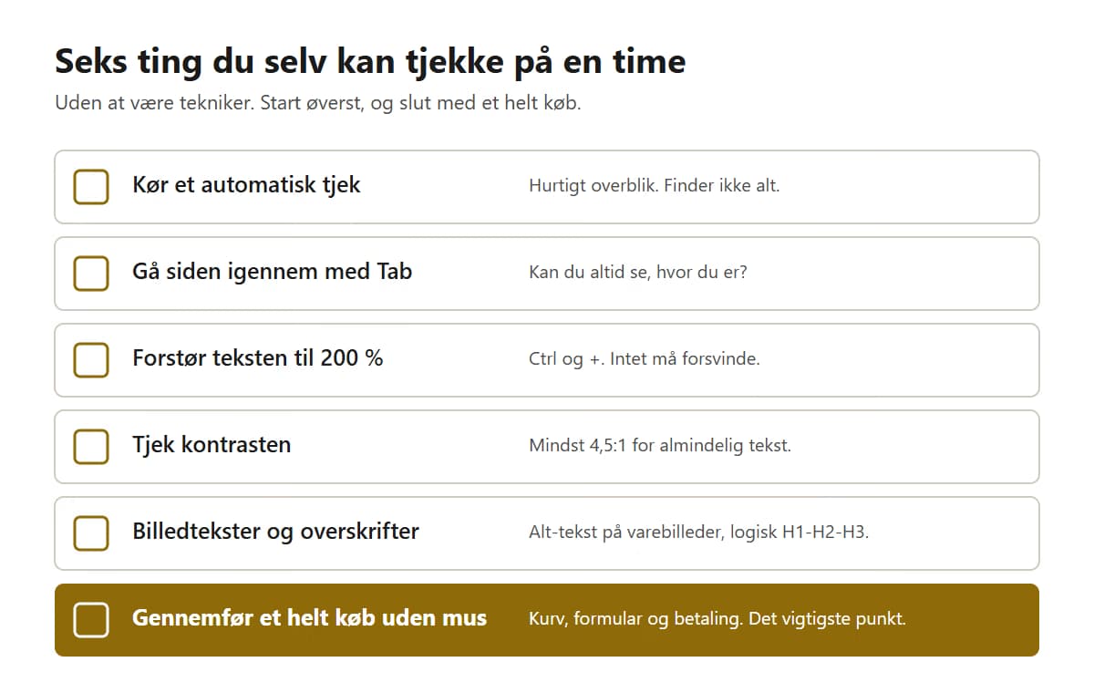 Tjekliste med seks punkter: kør et automatisk tjek, gå siden igennem med tastaturet, forstør teksten til 200 procent, tjek kontrasten, tjek billedtekster og overskrifter, og gennemfør et helt køb uden mus.