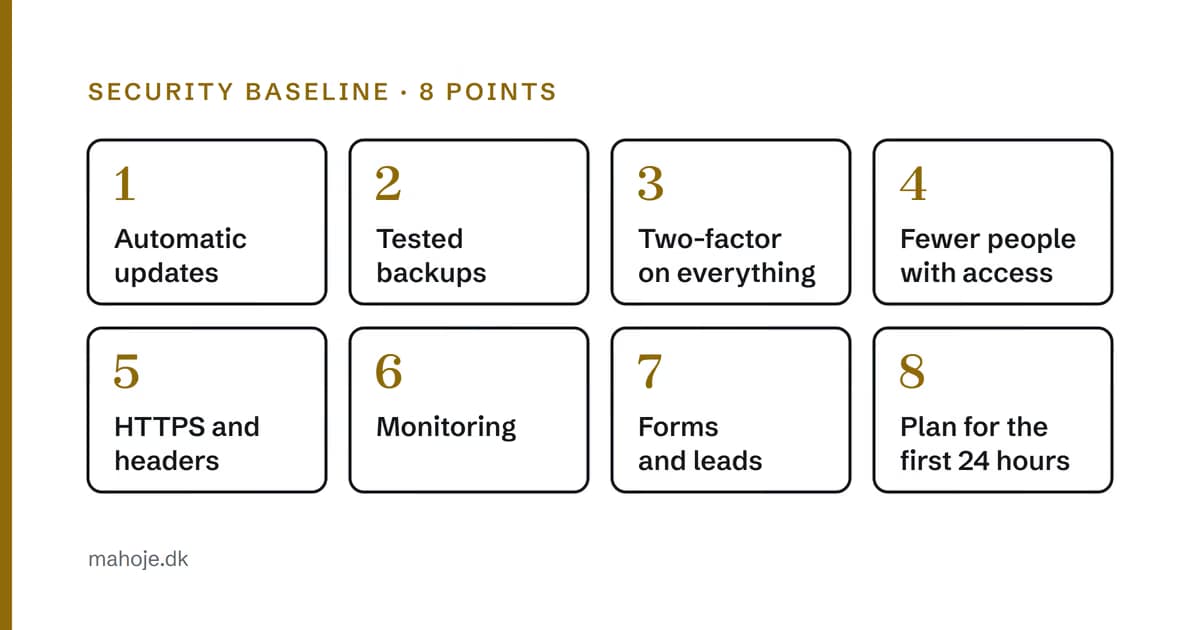 The eight points in the security baseline: automatic updates, tested backups, two-factor on everything, fewer people with access, HTTPS and headers, monitoring, forms and leads, and a plan for the first 24 hours.