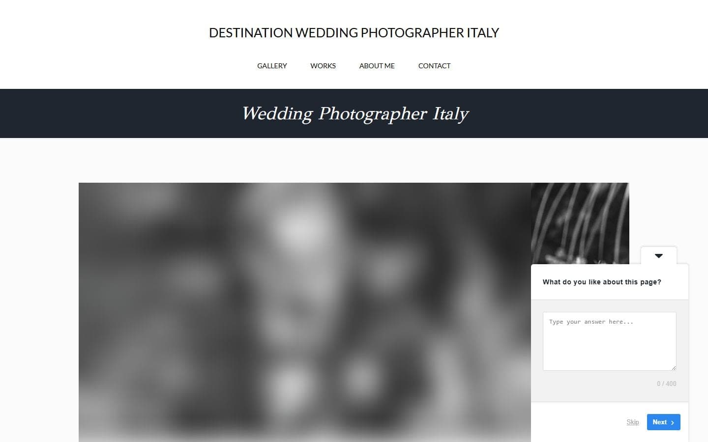The old site on desktop: a white header with a menu, a dark title bar, a blurred black-and-white photo and a survey pop-up in the lower right.