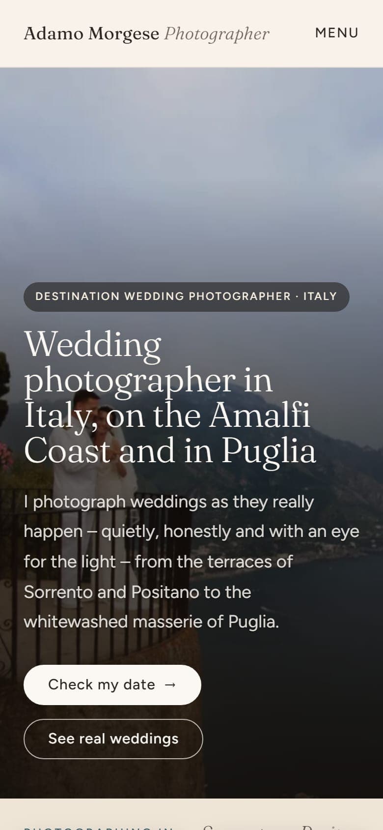 The new site on mobile: a wedding photo with a headline and two buttons under a simple top menu.