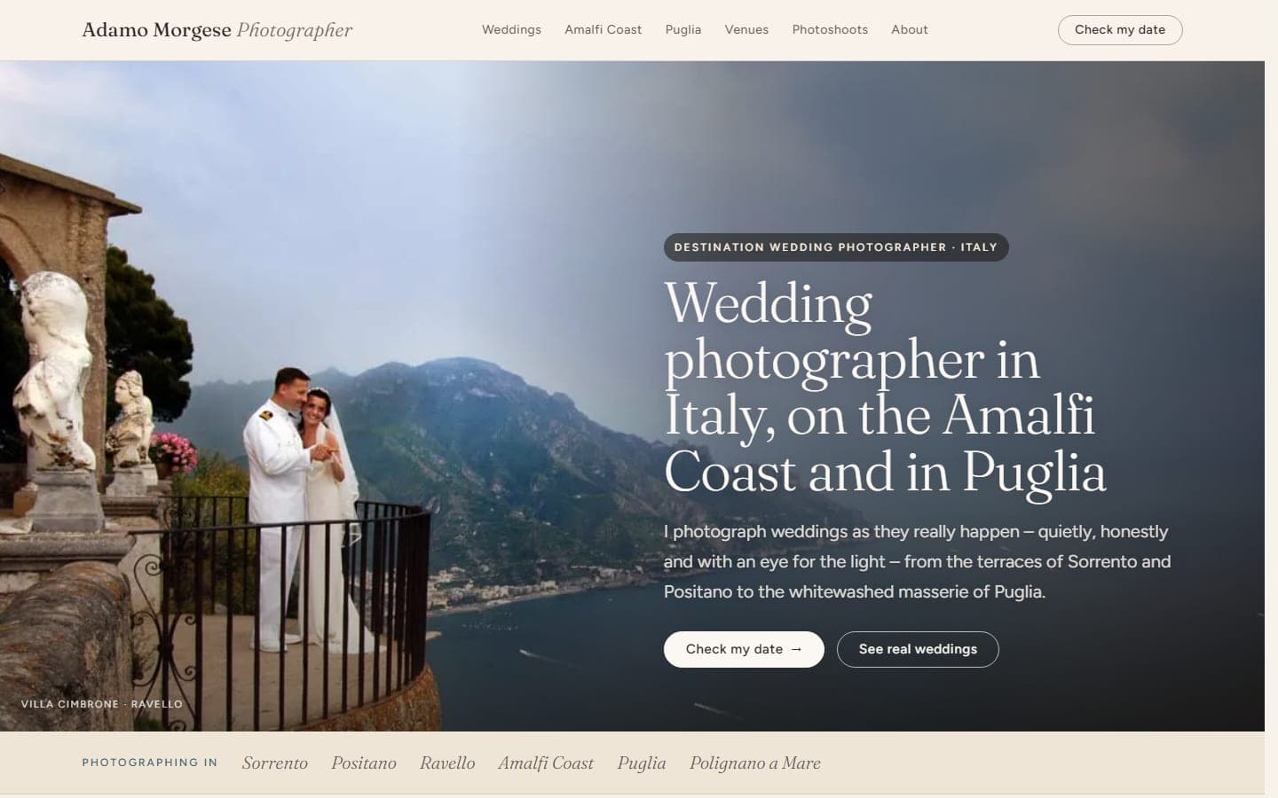The new site on desktop: a full-width wedding photo with a headline, two buttons and a menu along the top.